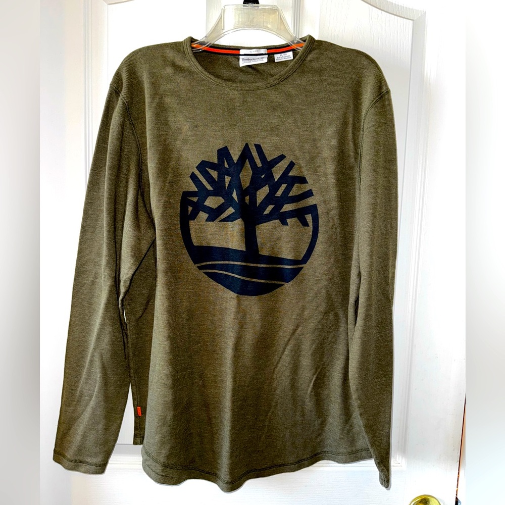 Timberland Olive Green Long Sleeve Logo Ribbed Knit Shirt Slim Fit Size XL